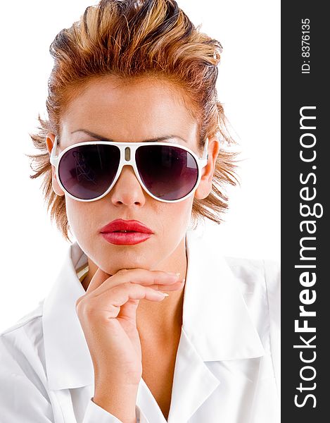 Posing woman with sunglasses on an isolated white background