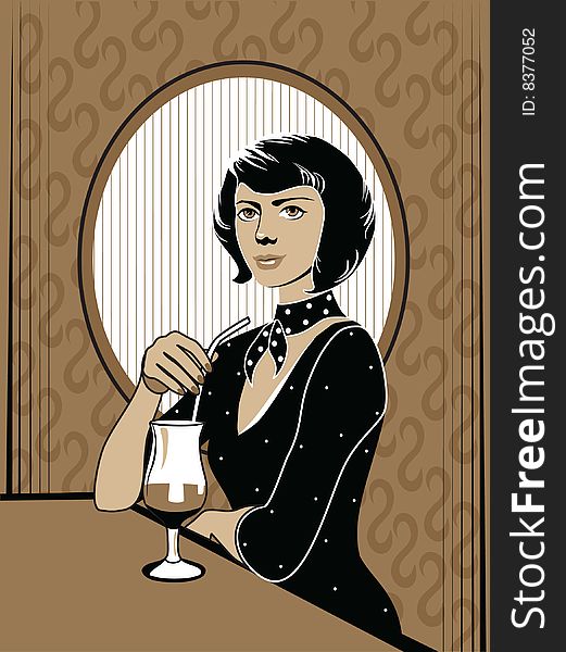 Woman with drink on a brown background in retro style