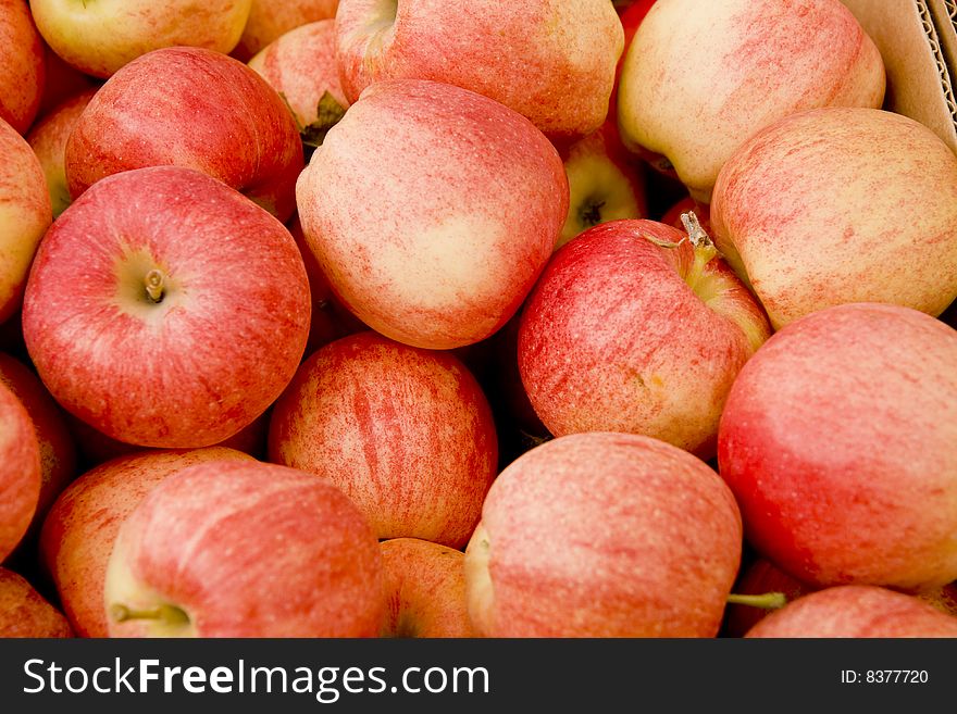 A box of fresh apples at a fruit market. A box of fresh apples at a fruit market