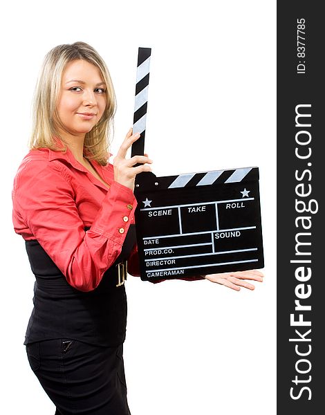 Young woman with clapper board isolated on white. Young woman with clapper board isolated on white