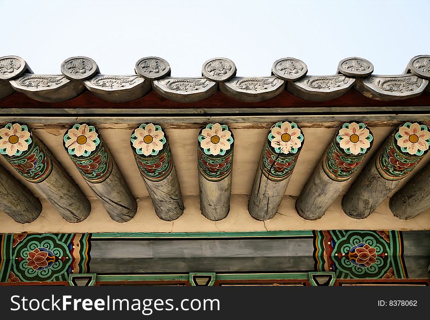 Buddhist Temple Roof Detail against blue sky