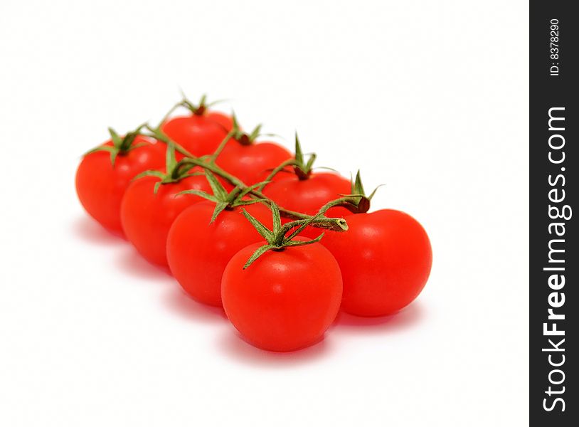 Eight cherry tomatoes on branch