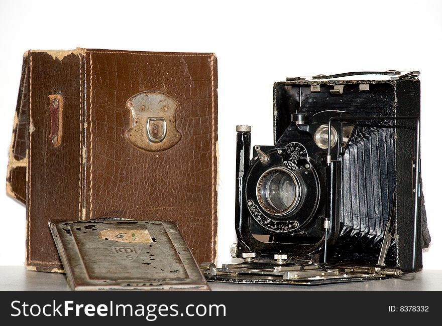 Vintage camera on white background. Made in a USSR