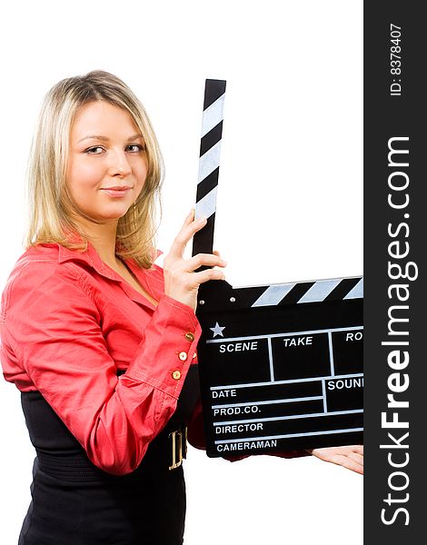 Young woman with clapper board isolated on white. Young woman with clapper board isolated on white