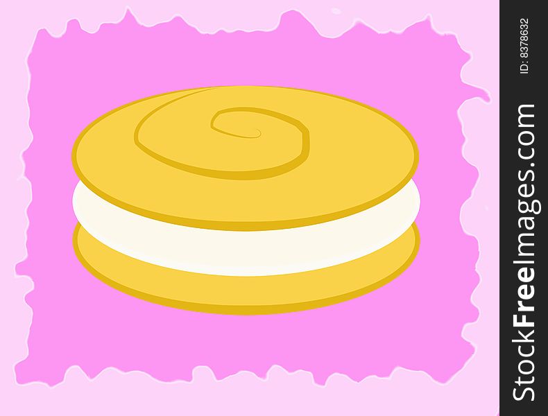 A big greedy biscuit stuffed with soft cream on a pink background surrounded by a cream frame. Digital drawing. Colured picture. A big greedy biscuit stuffed with soft cream on a pink background surrounded by a cream frame. Digital drawing. Colured picture.