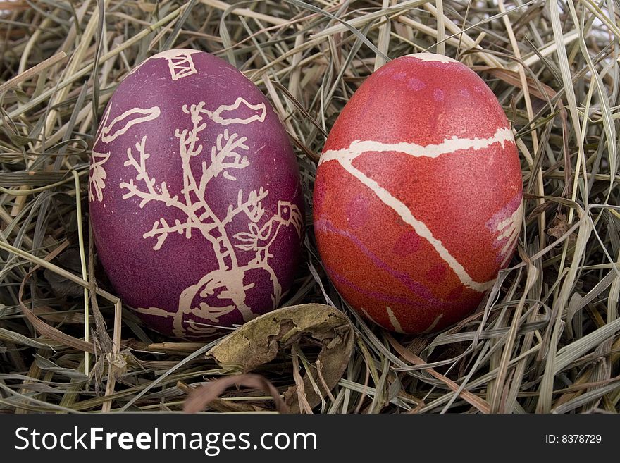 Handmade Colored Easter eggs in the nest