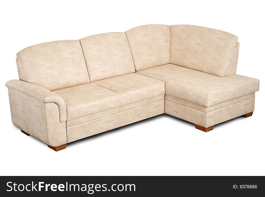 A sofa in a light fabric is isolated on a white background.