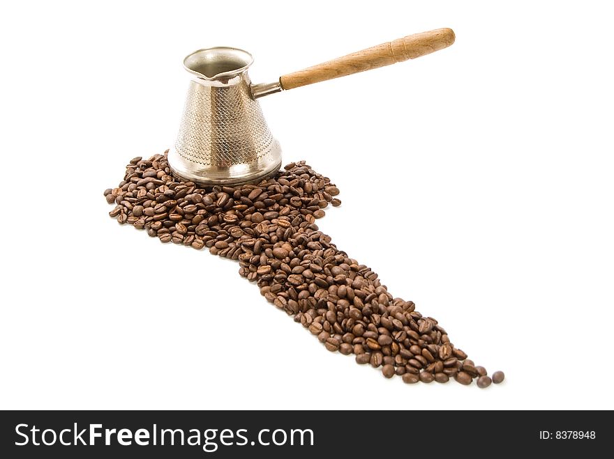 Coffee Pot And Coffee Beans Isolated On White Back