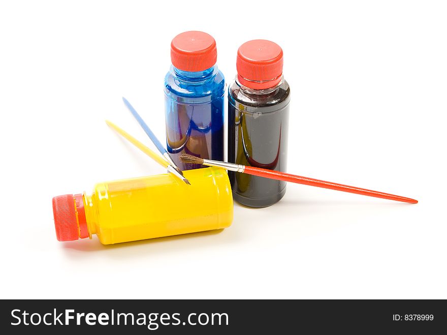 Tubes with color inks and brush isolated on white background. Tubes with color inks and brush isolated on white background