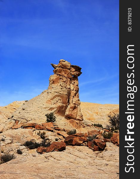 View of the red rock formations in San Rafael Swell with blue sky�s and clouds