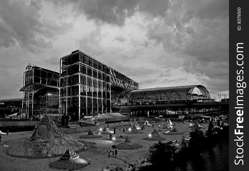 Central station berlin in storm and with sand castles