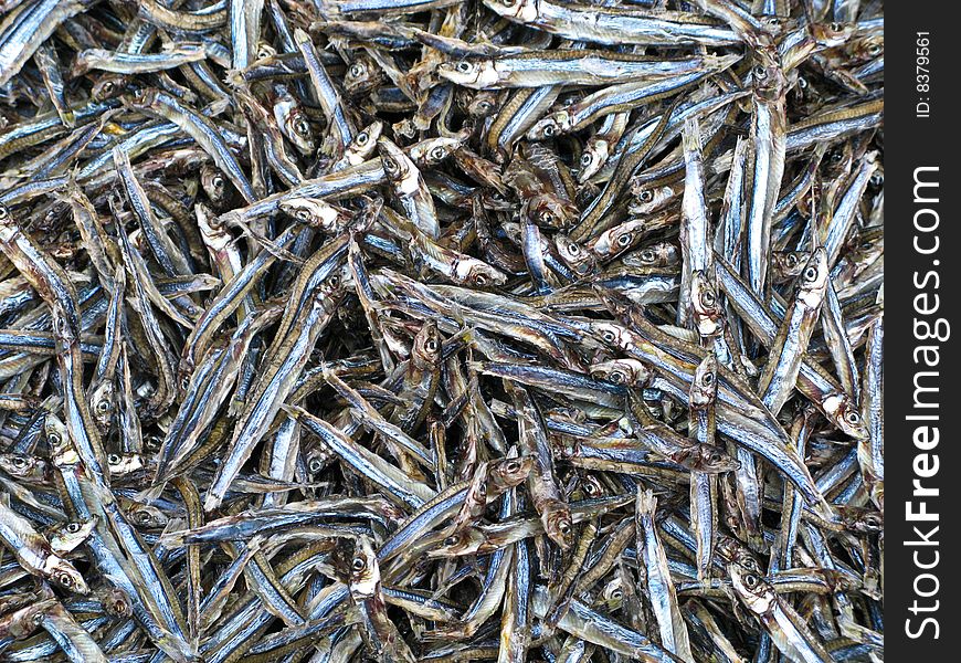 Dried sardines for sale in a Chinese food stall at a market in the USA