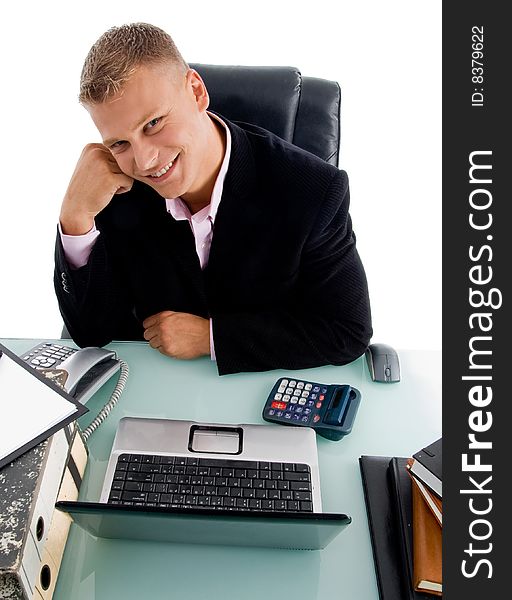 High angle view of smiling businessman on an isolated white background