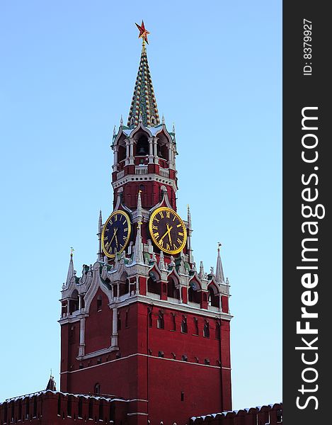 Spasskaya tower in kremlin. Moscow, Russian Federation, Red square, Kremlin. Slope perspective.