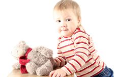 Little Blond Boy With Teddy Bear Stock Image Little Blond Boy With Teddy Bear Stock Image