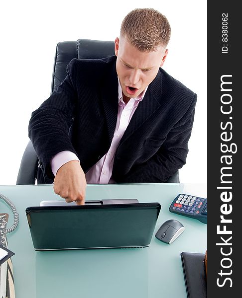 Manager pressing the key on laptop on an isolated white background