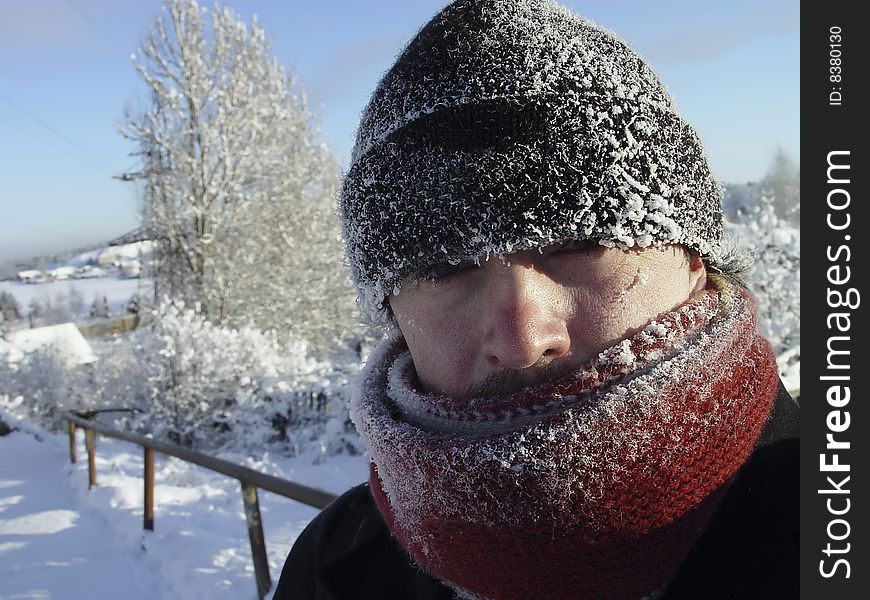 Self-portrait in winter frosty midday. Self-portrait in winter frosty midday