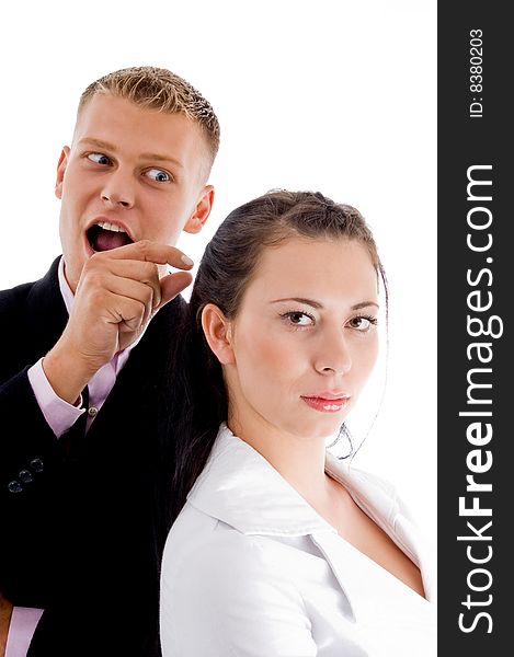 Businessman pointing to woman with white background