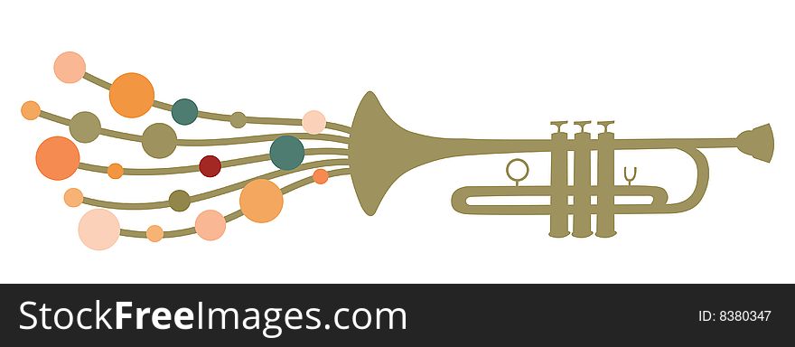 Vector illustration of trumpet silhouette decorated with colored circle drops, as a symbol of melody.