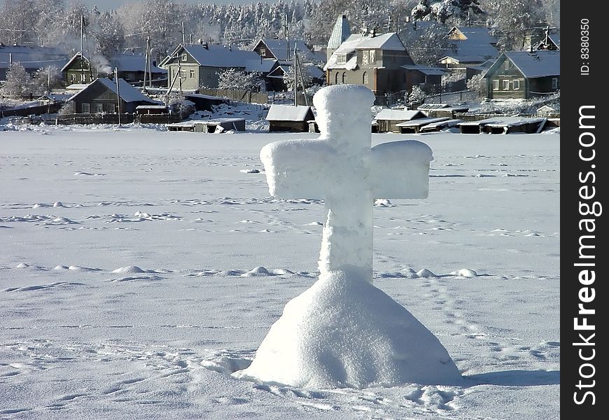 Ice cross on the Christening. Coast of Onega, Kareliya, the north of Russia