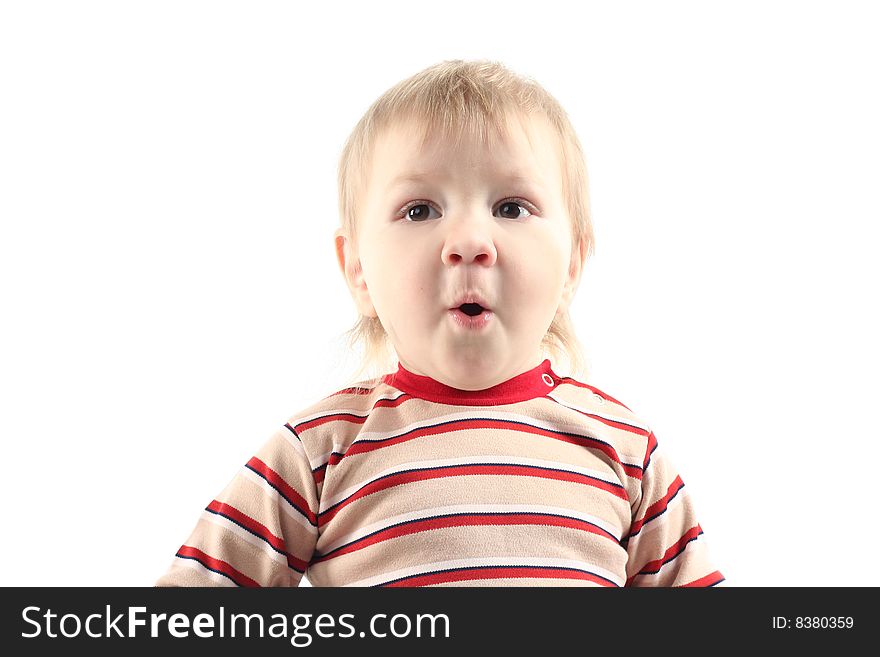 Little blond boy isolated on white background