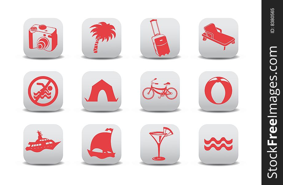 Vector illustration of icon set or design elements relating to summer tourism. Vector illustration of icon set or design elements relating to summer tourism