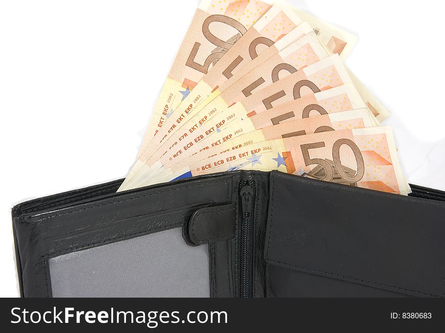 Fifty Euro notes in open black wallet