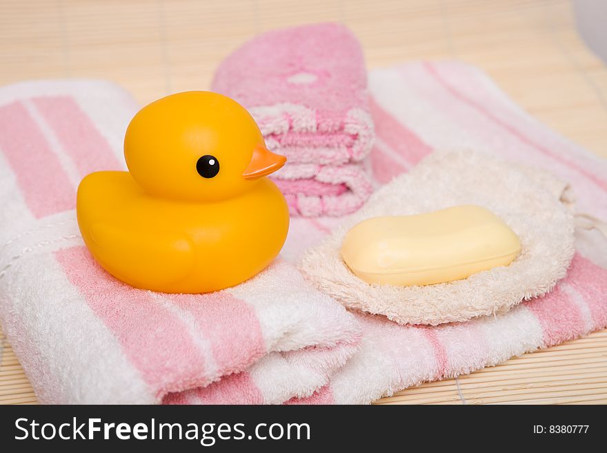 Yellow duck and white soap. Yellow duck and white soap