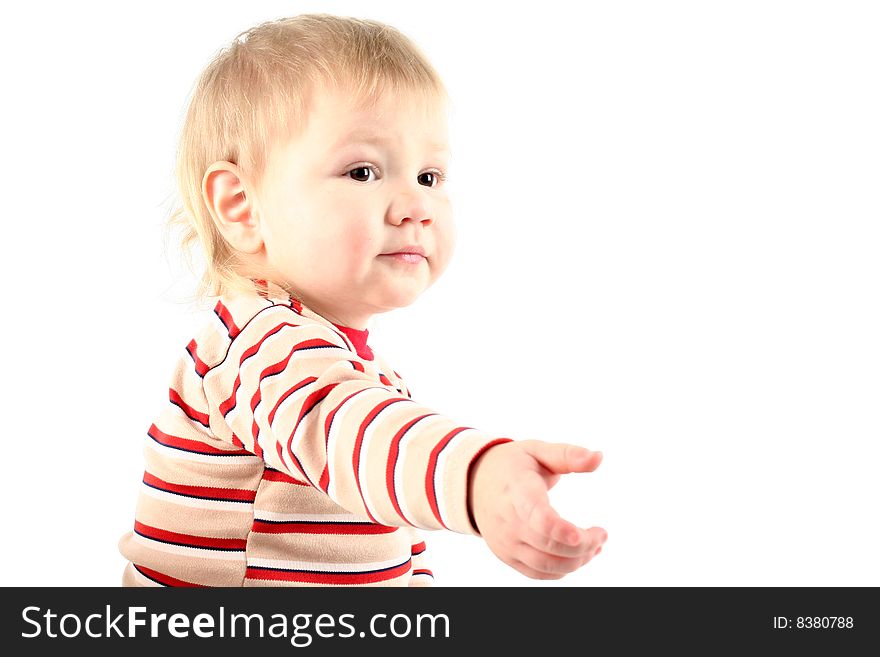 Little blond boy isolated on white background