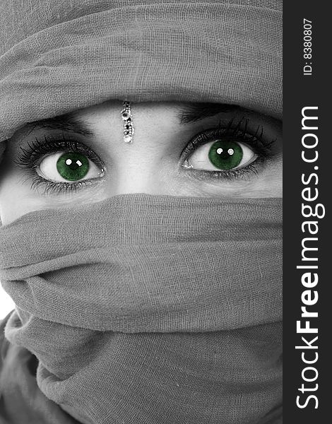 Black and white young woman with green eyes. Black and white young woman with green eyes