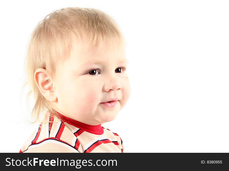 Little blond boy isolated on white background