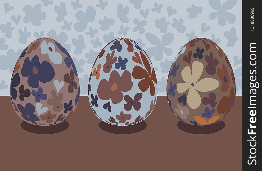 Three floral, decorative Easter eggs