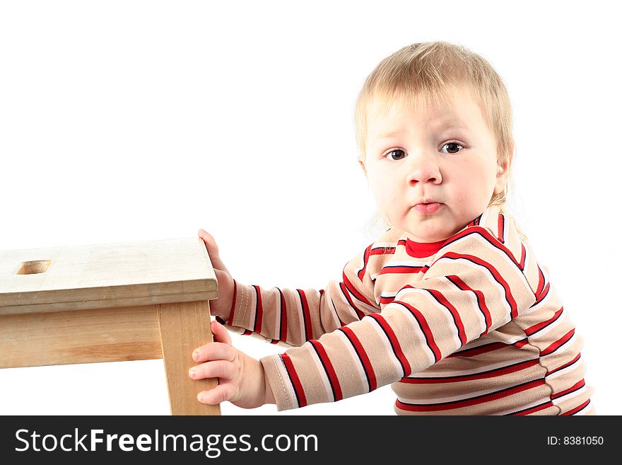 Little blond boy isolated on white background