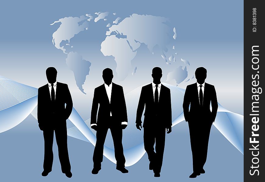 Illustration of business men, map and background. Illustration of business men, map and background