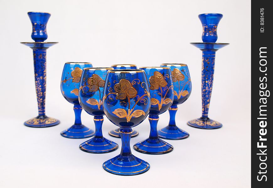 Exquisite Dark Blue Gold trimmed Crystal Decorative Glass items formation. Exquisite Dark Blue Gold trimmed Crystal Decorative Glass items formation