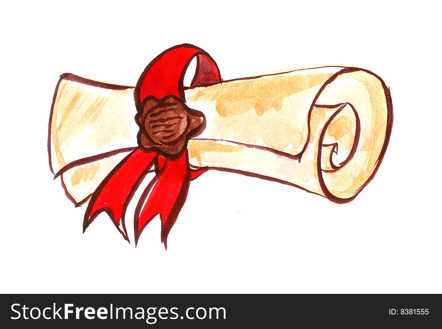 An illustration of a scroll tied in red ribbon, isolated on a white background