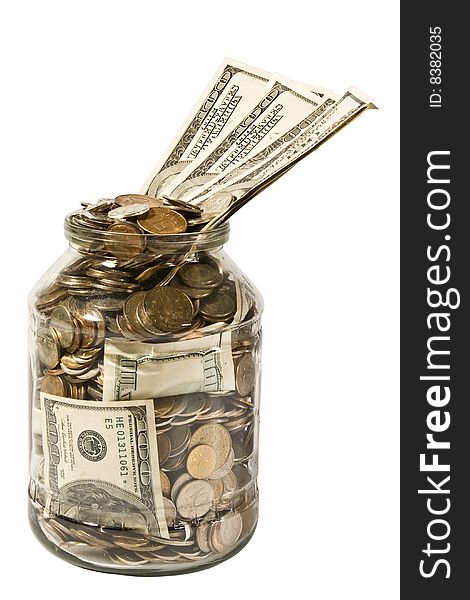 Dollars and coins in glass isolated on a white background. Dollars and coins in glass isolated on a white background