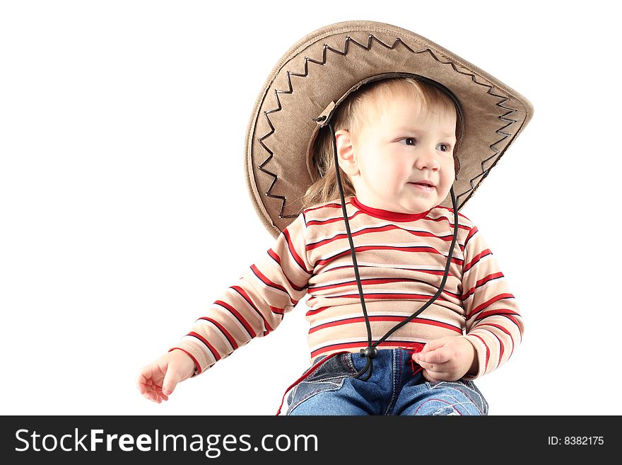 Little boy in cowboy hat isolated on white background