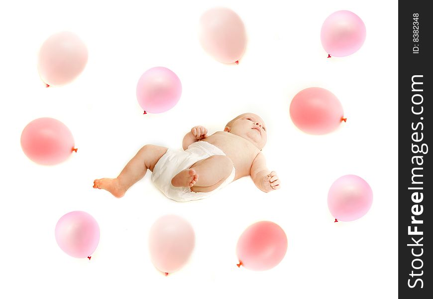 Baby in pink balloons over white