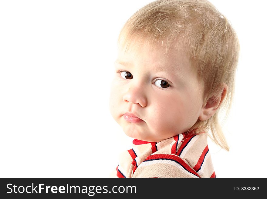 Little blond boy isolated on white background