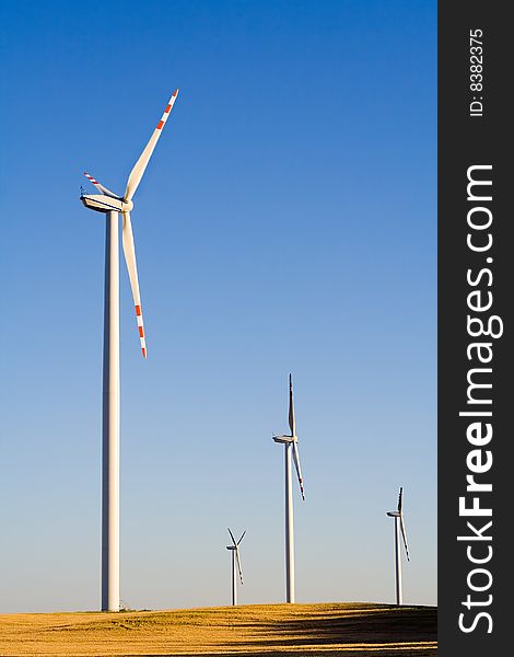 Windmills on grain field with Blue Sky in the background