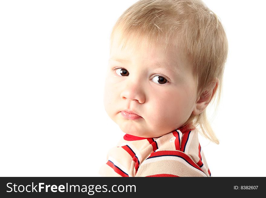 Little blond boy isolated on white background