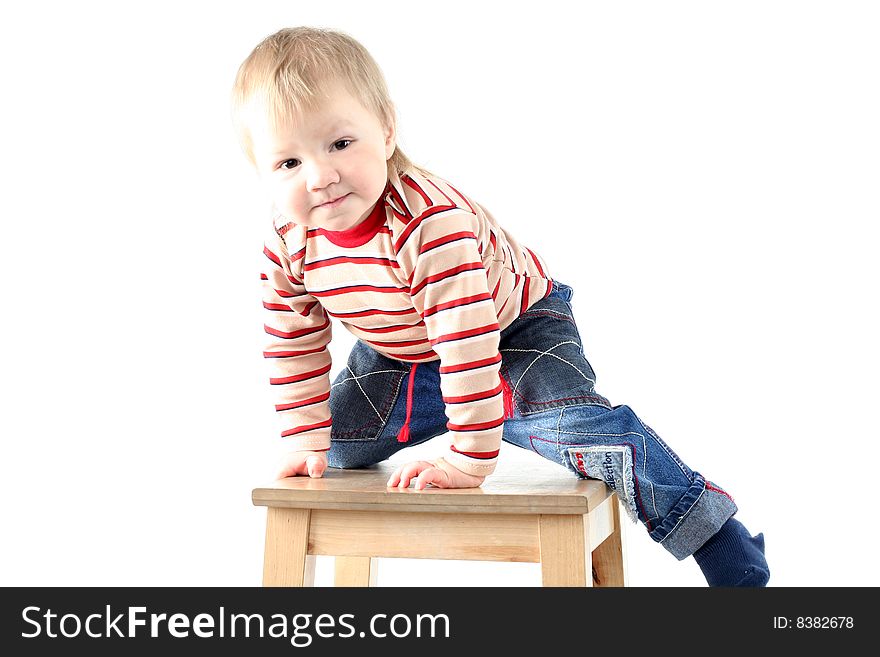 Little blond boy isolated on white background