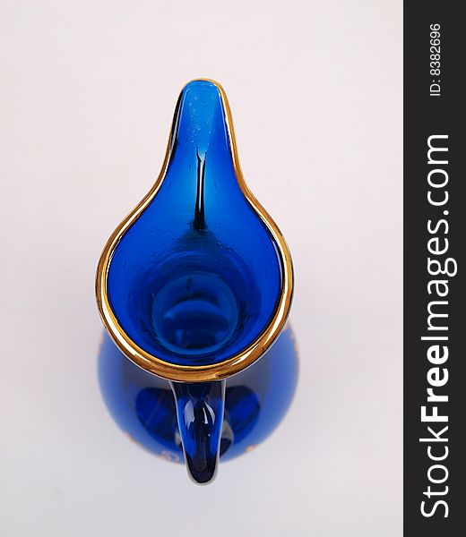 Exquisite Dark Blue Gold trimmed Crystal Decorative Glass Jug top view. Exquisite Dark Blue Gold trimmed Crystal Decorative Glass Jug top view