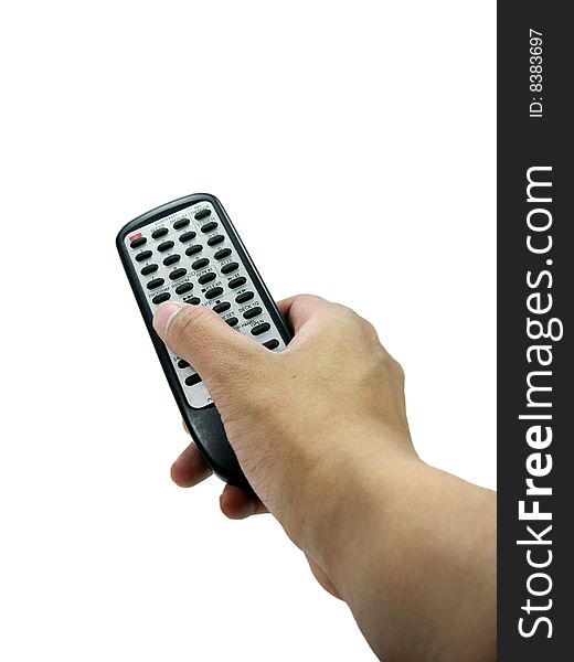 Isolated photo of thumb on the remote controller pointing at something. Isolated photo of thumb on the remote controller pointing at something