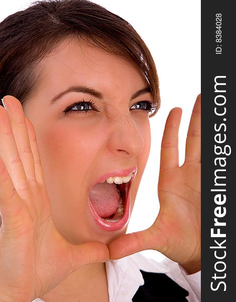 Closeup of shouting service provider on an isolated background