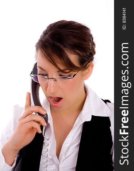 Front view of shocked young businesswoman on an isolated background