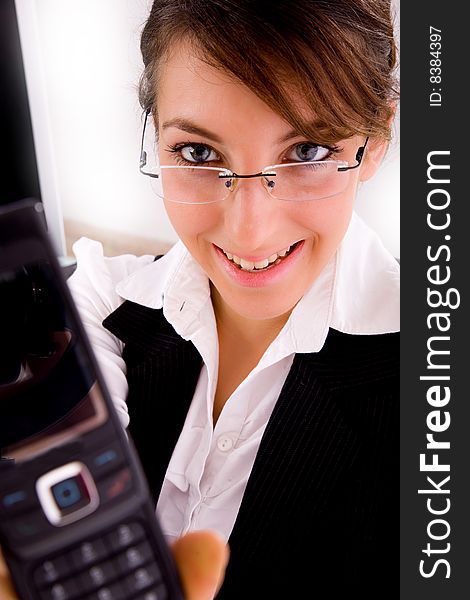 Smiling Businesswoman Showing Her Cellphone