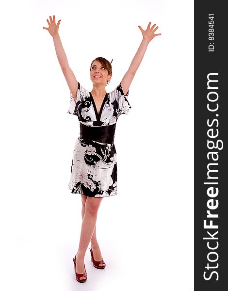 Full body pose of happy young women against white background