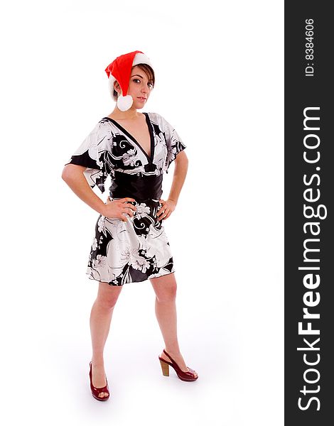 Full body pose of fashionable woman in christmas hat on an isolated background